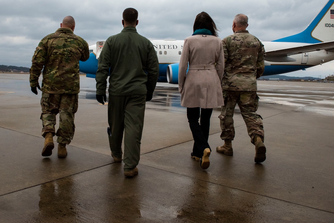 A welcoming party assembles to greet Gen. Mark Milley, Chairman of the Joint Chiefs of Staff, at Osan Air Base, Republic of Korea, Nov. 30, 2021.