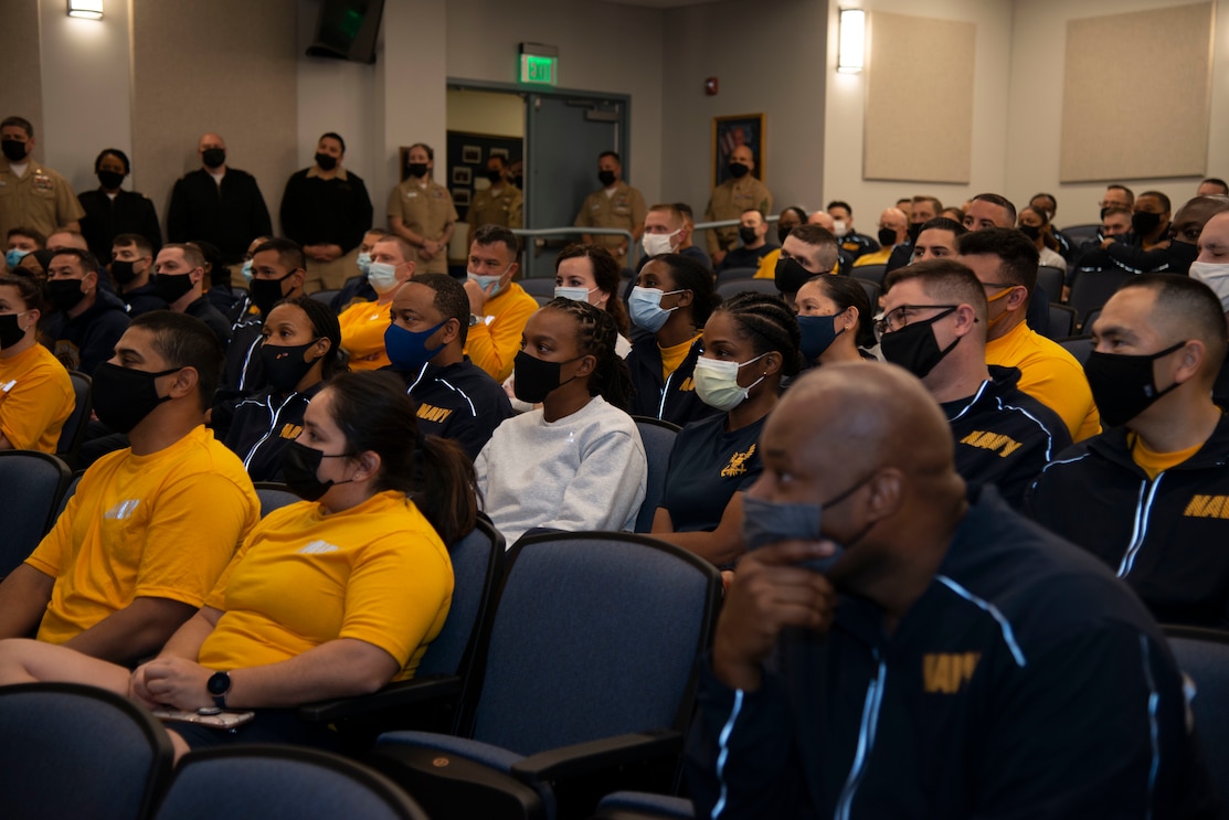 Students from Senior Enlisted Academy (SEA) class 246 listen to a welcome brief from SEA faculty advisors Nov. 29, 2021.  Class 246 is the first SEA class to attend in-person training at Naval Station Newport since March 2020.