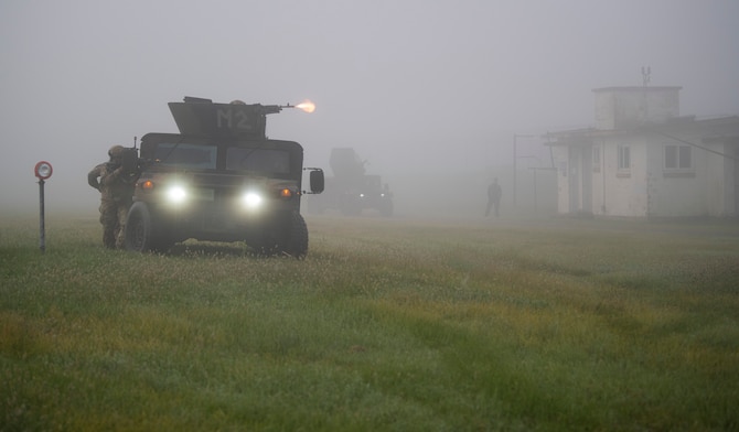 Defenders from the 8th Security Forces Squadron fire at opposing forces during a routine training event at Kunsan Air Base, Republic of Korea, Oct. 1, 2021. Security forces undergo constant training to ensure they are always ready to fight tonight. (U.S. Air Force photo by Senior Airman Suzie Plotnikov)