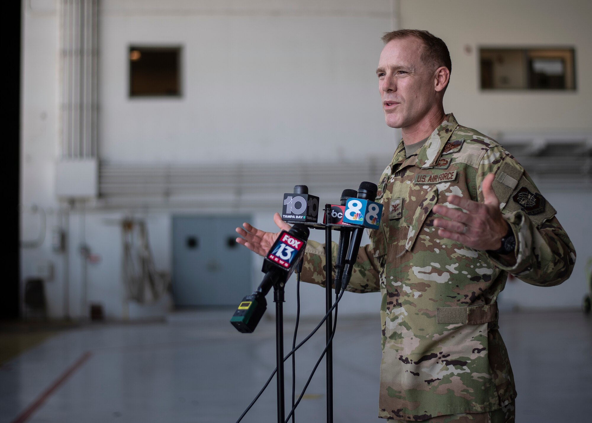 U.S. Air Force Col. Benjamin Jonsson, 6th Air Refueling Wing commander, responds to local media outlets at MacDill Air Force Base, Florida, Sept. 27, 2021.