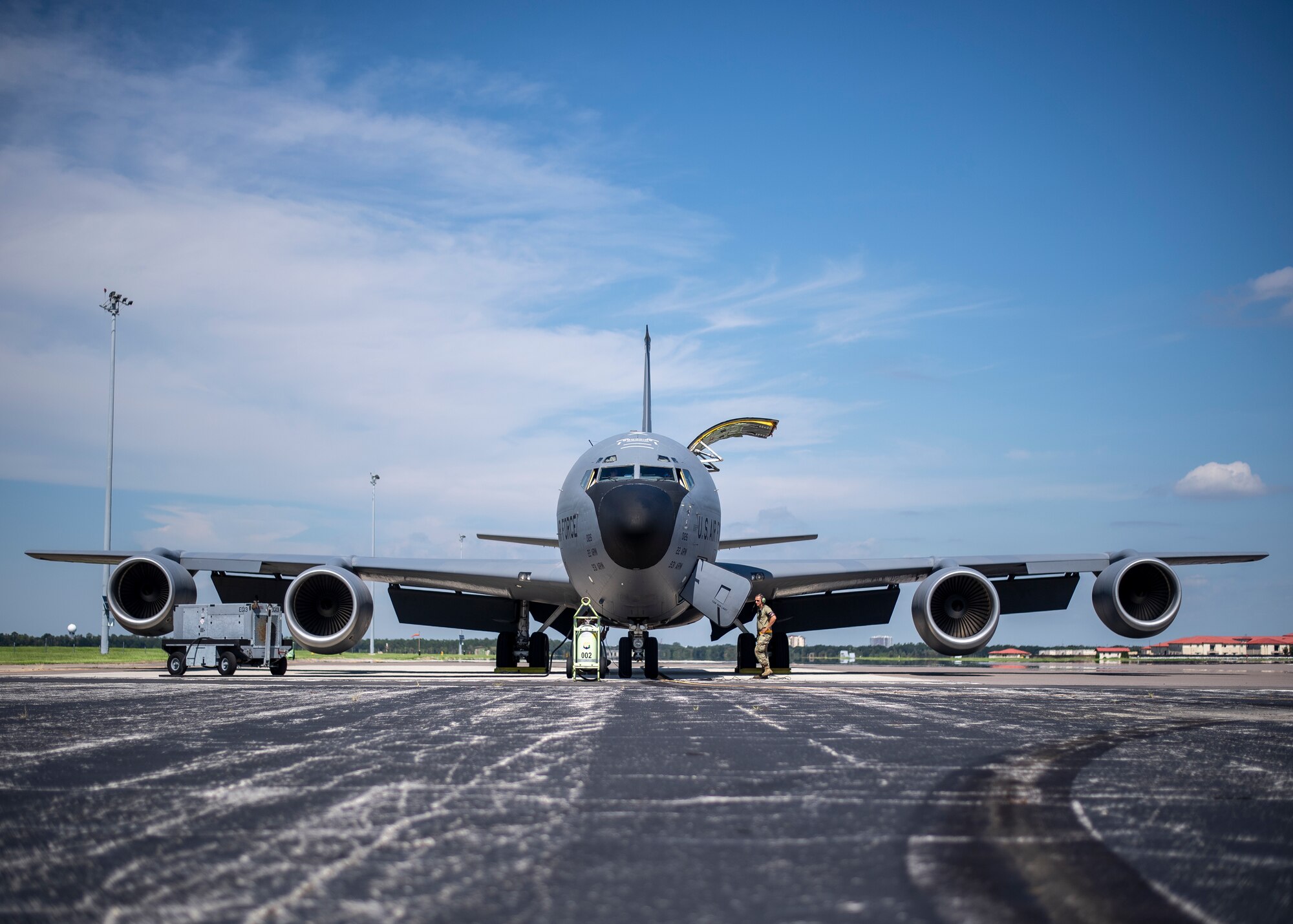 A KC-135 Stratotanker rests on the flight line after carrying maintainers from the 6th Maintenance Group home from deployment at MacDill Air Force Base, Florida, Sept. 27, 2021.