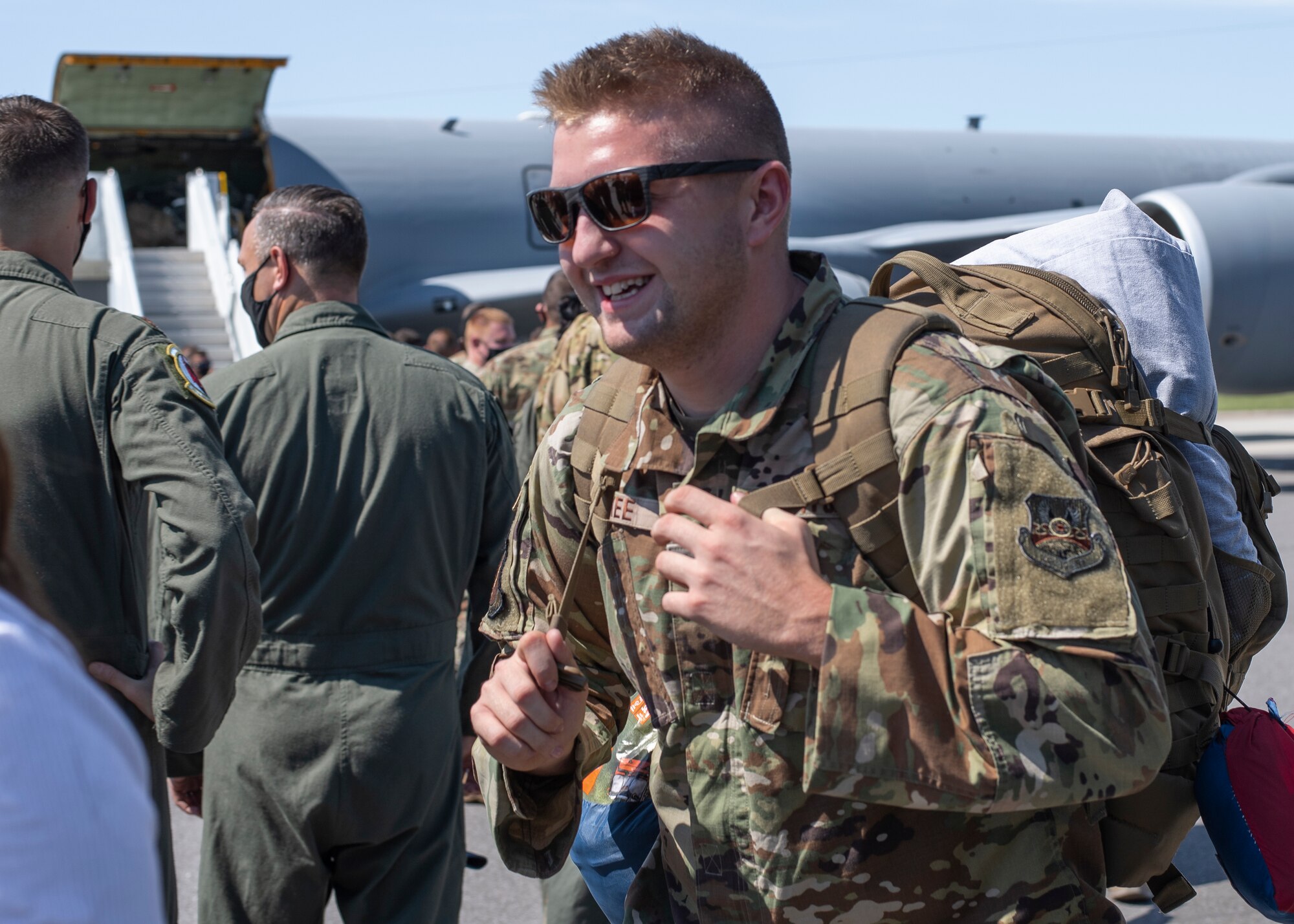 An Airman from the 6th Maintenance Group displays excitement after returning home from deployment at MacDill Air Force Base, Florida, Sept. 27, 2021.