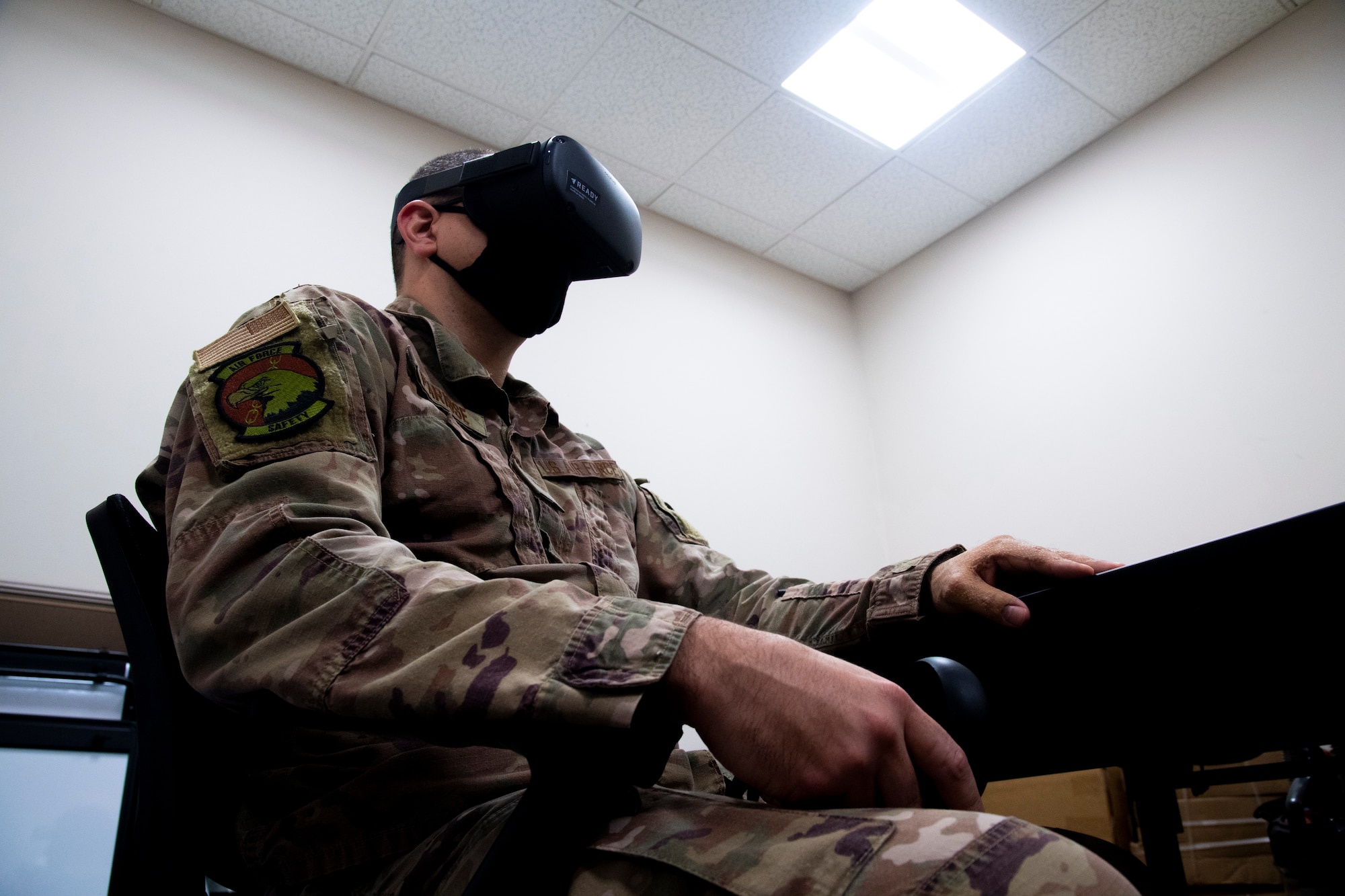 An Airman from the 6th Air Refueling Wing participates in a Virtual Reality suicide prevention training at MacDill Air Force Base, Florida, on Sept. 29, 2021.