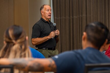 U.S. Army Chaplain, Army South Command Chaplain Col. Lawrence Dabeck, speaks at an Army Strong Bonds retreat in San Antonio, Texas, Sept. 26, 2021. The Strong Bonds program is offered by Army Chaplains with the full support of Commanding Officers with an aim to strengthen the relationship of married couples through a variety of different training seminars.