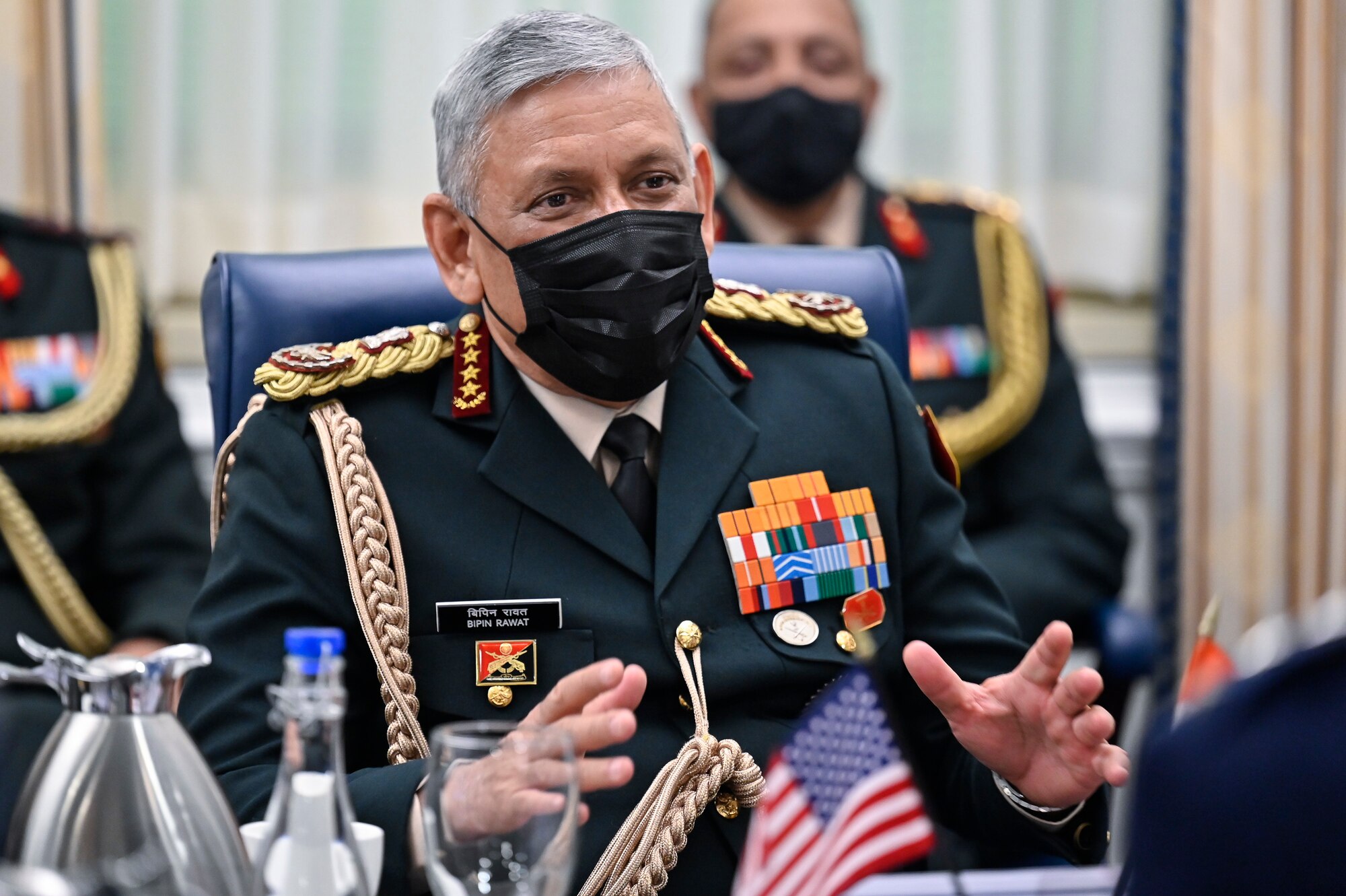 Gen. Bipin Rawat, chief of defence staff of India, speaks with Chief of Space Operations Gen. John W. “Jay” Raymond during a meeting