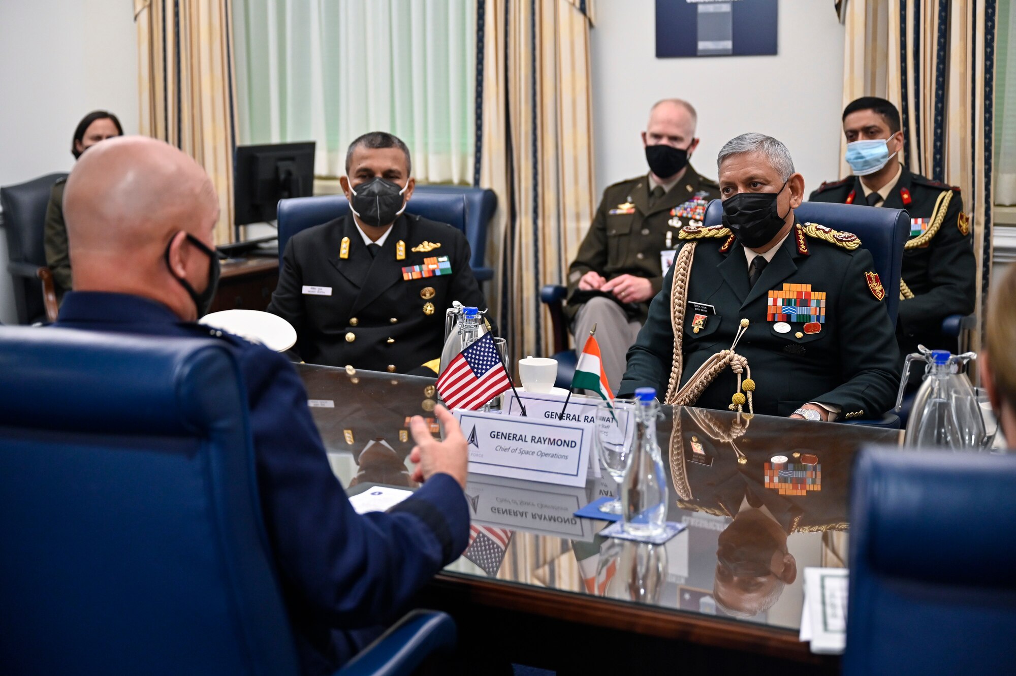 Chief of Space Operations Gen. John W. “Jay” Raymond speaks with Gen. Bipin Rawat, chief of defence staff of India, during a meeting