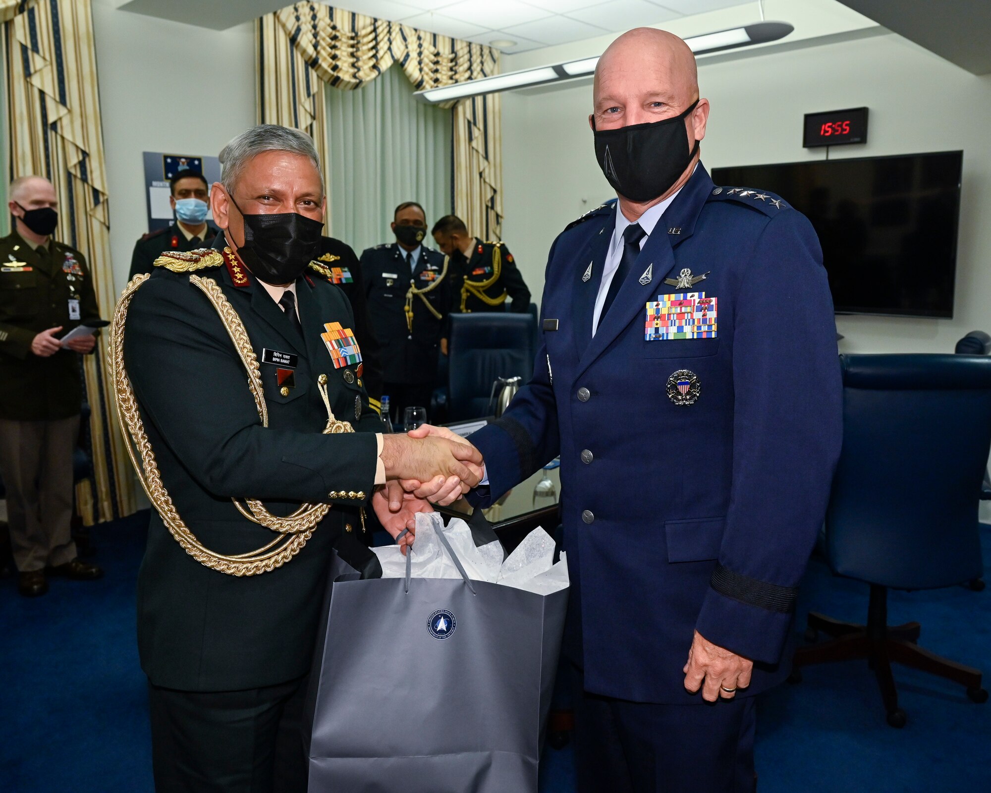 Gen. Bipin Rawat, chief of defence staff of India, and Chief of Space Operations Gen. John W. “Jay” Raymond pose after a meeting