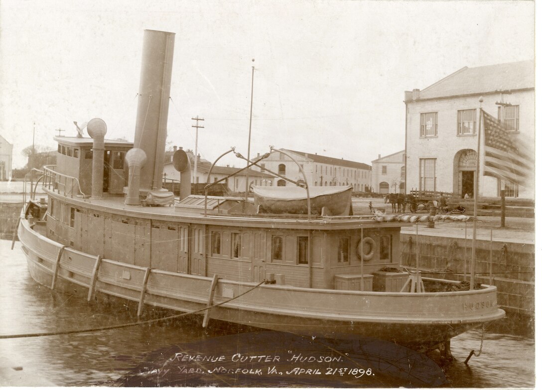 U.S. "Revenue Cutter 'HUDSON.' Navy Yard, Norfolk, VA, April 21st 1898."  Outfitted for wartime.