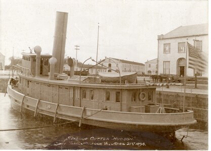 U.S. "Revenue Cutter 'HUDSON.' Navy Yard, Norfolk, VA, April 21st 1898."  Outfitted for wartime.