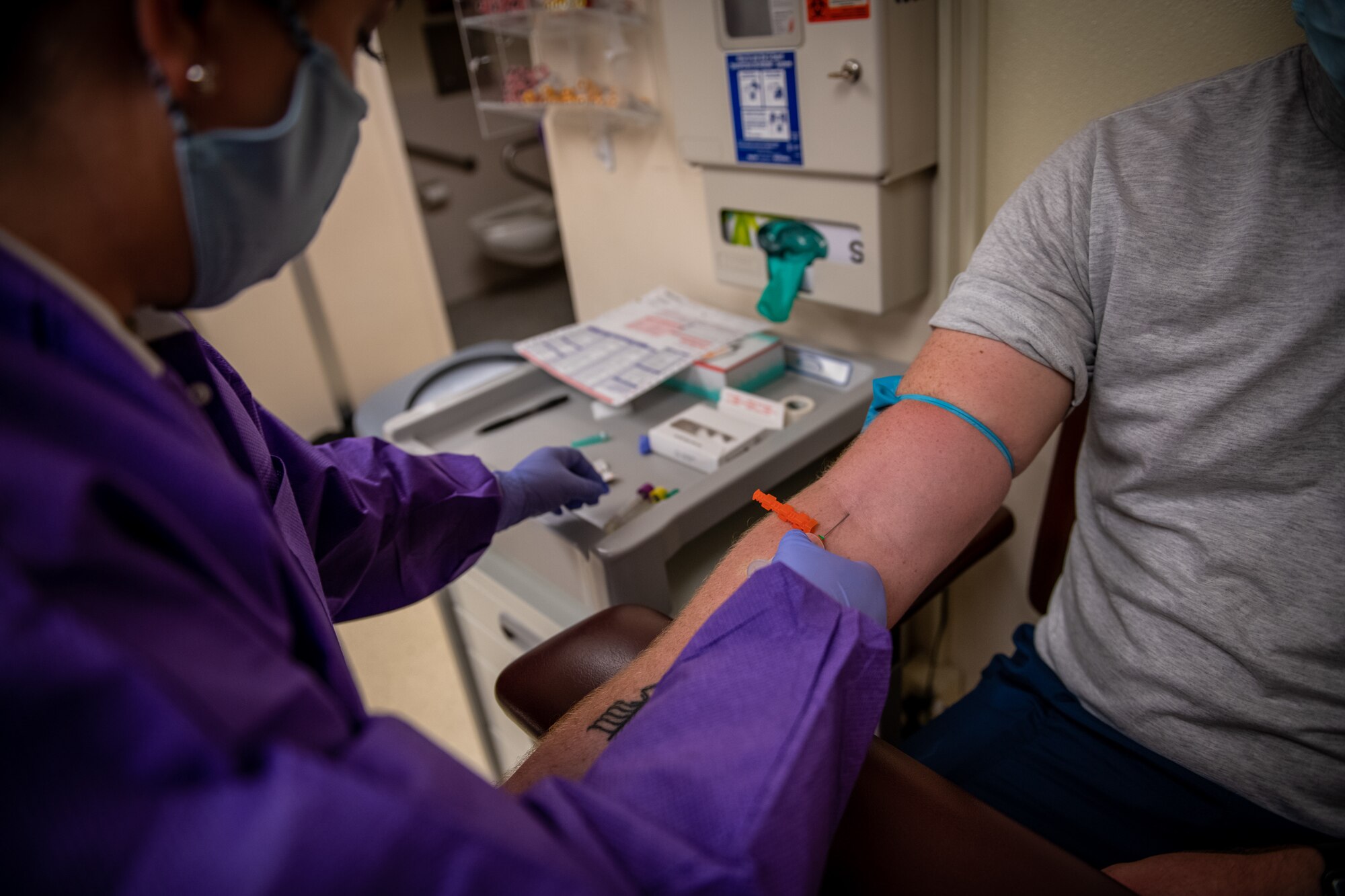 Staff Sgt. Emilee Garrison, 932nd Medical Group 4N0, medical technician performs a blood draw during the September unit training assembly, Scott Air Force Base, Illinois, Sept. 11, 2021. To stay current and ready for possible deployments, Airmen must continually maintain currency of lab work and immunizations.