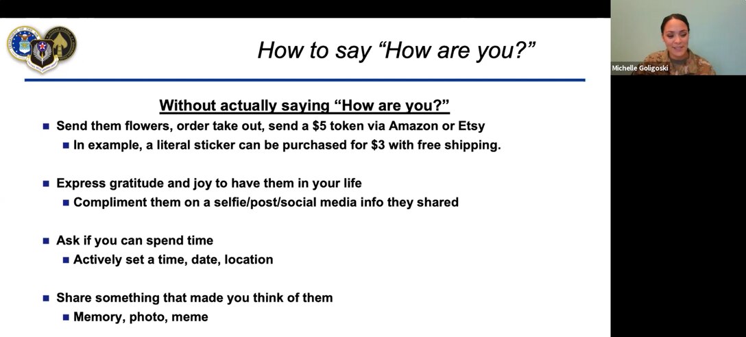 Staff Sgt. Michelle Goligoski, 1st Special Operations Medical Group mental health technician, discusses the importance of checking in on fellow Air Commandos during AFSOC's Virtual Resilience Summit Sept. 28, 2021. The summit was held as a platform to address a range of emotions relating to personal and unfolding current world events.