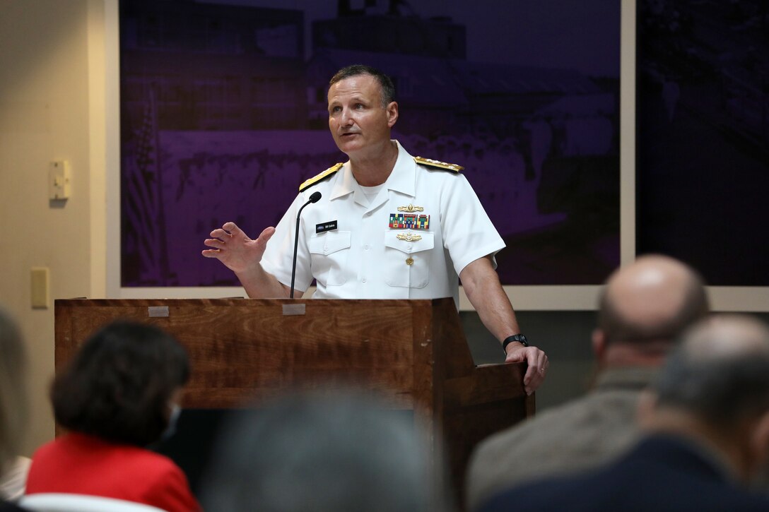 Vice Admiral Bill Galinis, Commander, Naval Sea Systems Command (NAVSEA) speaks at the Washington Navy Yard ceremony establishing PEO SSBN. (U.S. Navy photo by Laura Lakeway/RELEASED)