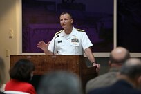 Vice Admiral Bill Galinis, Commander, Naval Sea Systems Command (NAVSEA) speaks at the Washington Navy Yard ceremony establishing PEO SSBN. (U.S. Navy photo by Laura Lakeway/RELEASED)