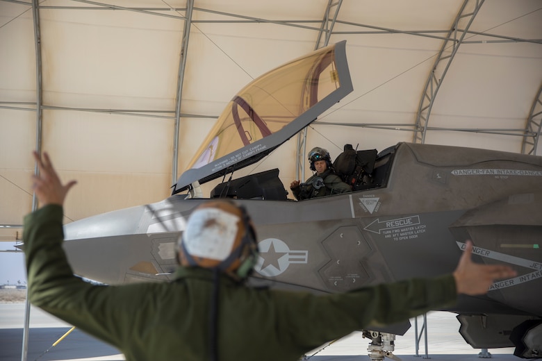 U.S. Marine Corps Lt. Col. Alexander Goodno, commanding officer of Marine Fighter Attack Squadron (VMFA) 225 conducts his final checks before takeoff at Marine Corps Air Station Yuma, Ariz., September 25, 2021.  VMFA-225 participated in their first flight as an F-35B squadron. This marked the end of the first phase in the transition from a legacy F/A-18D Hornet squadron to an F-35B squadron. (U.S. Marine Corps Photo by Lance Cpl. Matthew Romonoyske-Bean)