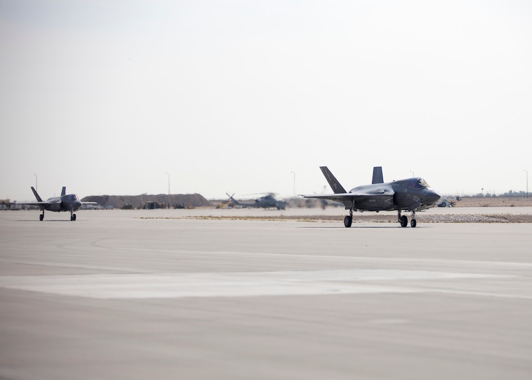 F-35B Lightning II’s with Marine Fighter Attack Squadron (VMFA) 225 taxi the runway to takeoff at Marine Corps Air Station Yuma, Ariz., September 25, 2021.