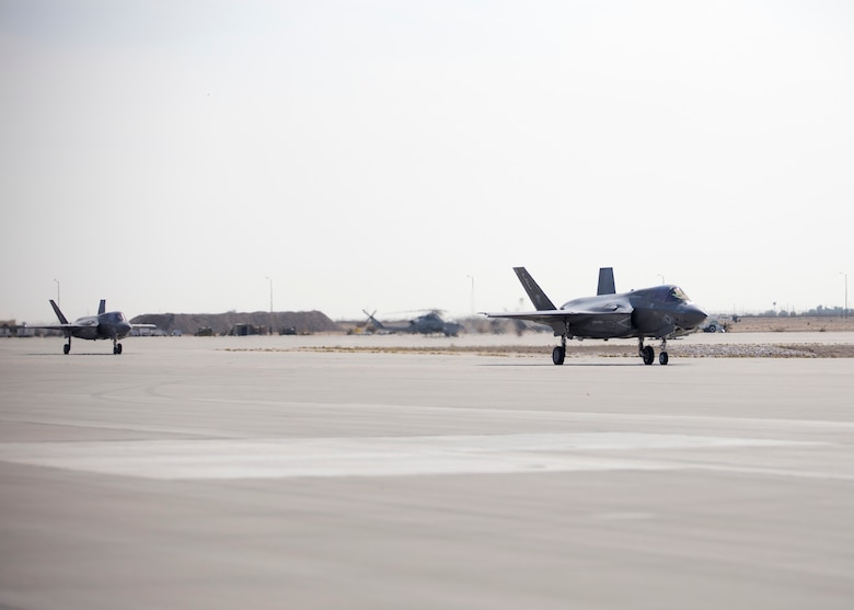 F-35B Lightning II’s with Marine Fighter Attack Squadron (VMFA) 225 taxi the runway to takeoff at Marine Corps Air Station Yuma, Ariz., September 25, 2021. VMFA-225 participated in their first flight as an F-35B squadron. This marked the end of the first phase in the transition from a legacy F/A-18D Hornet squadron to an F-35B squadron. (U.S. Marine Corps Photo by Lance Cpl. Matthew Romonoyske-Bean)