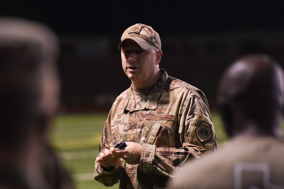U.S. Air Force Col. Matthew Reilman, 17th Training Wing commander, addresses participants at the Suicide Awareness 24-Hour Run/Walk on Goodfellow Air Force Base.