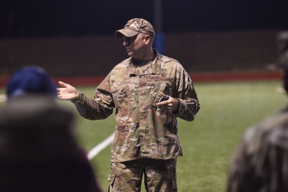U.S. Air Force Col. Matthew Reilman, 17th Training Wing commander, addresses participants at the Suicide Awareness 24-Hour Run/Walk on Goodfellow Air Force Base.