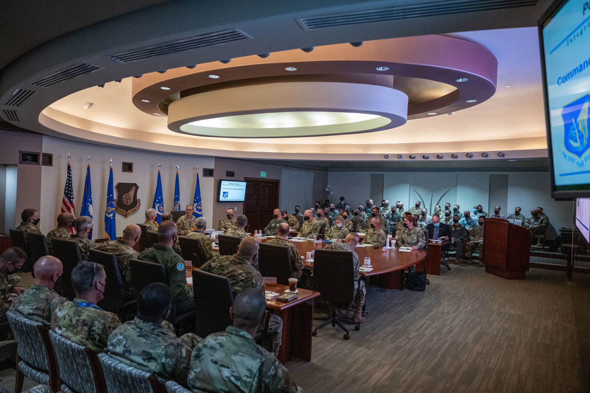 U.S. Air Force Gen. Ken Wilsbach, left, Pacific Air Forces commander, gives opening remarks during the PACAF Fall Commander’s Conference at Joint Base Pearl Harbor-Hickam, Hawaii, Sept. 28, 2021. The conference provided an avenue for Wing and Numbered Air Forces commanders and command chiefs to collaborate and discuss key topics within the Indo-Pacific region. (U.S. Air Force photo by Staff Sgt. Hailey Haux)