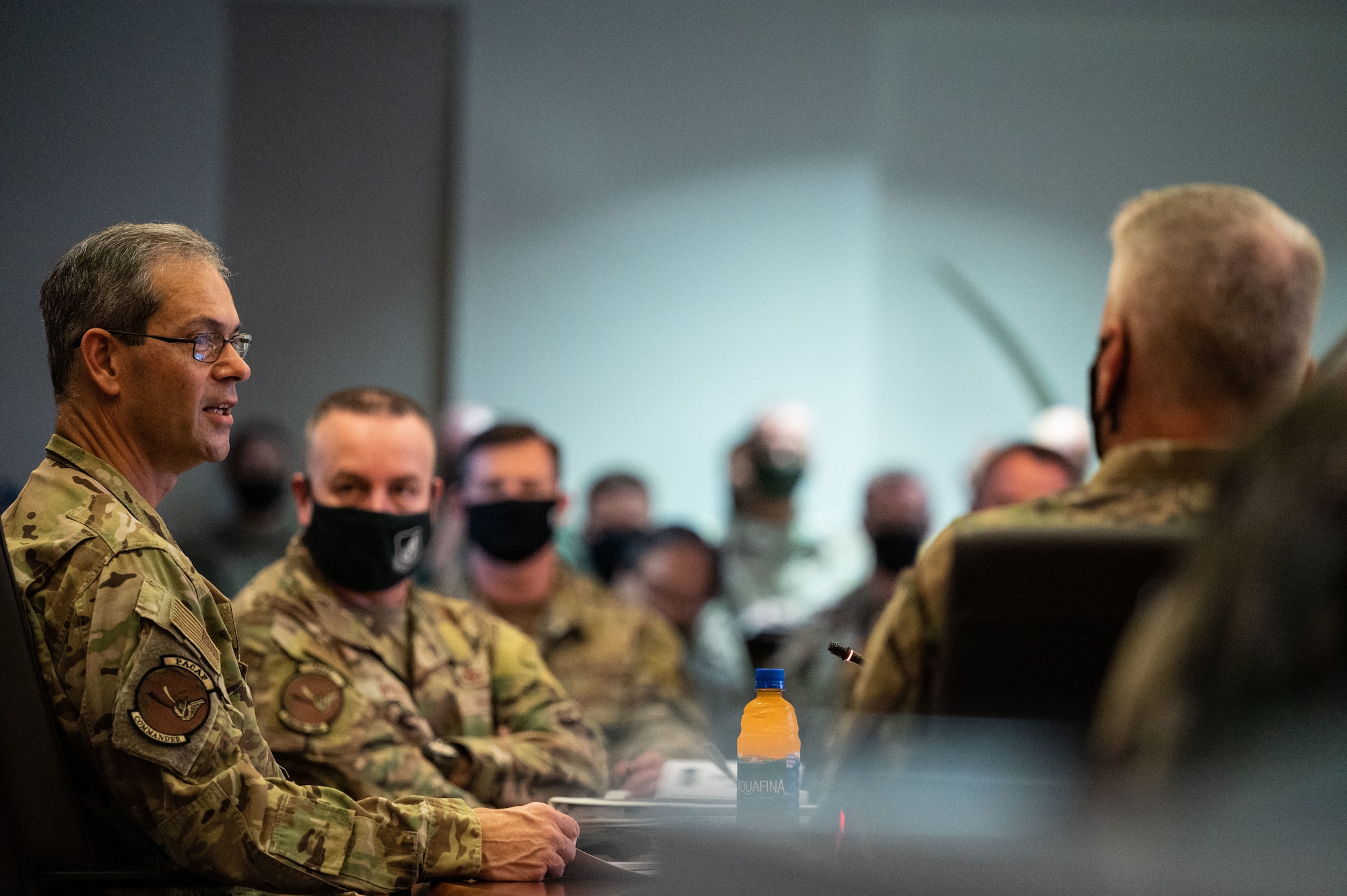 U.S. Air Force Gen. Ken Wilsbach, left, Pacific Air Forces commander, gives opening remarks during the PACAF Fall Commander’s Conference at Joint Base Pearl Harbor-Hickam, Hawaii, Sept. 28, 2021. The conference provided an avenue for Wing and Numbered Air Forces commanders and command chiefs to collaborate and discuss key topics within the Indo-Pacific region. (U.S. Air Force photo by Staff Sgt. Hailey Haux)