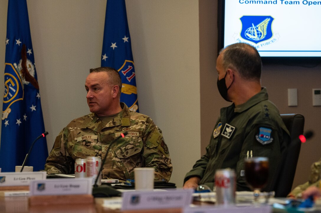 U.S. Air Force Chief Master Sgt. Dave Wolfe, left, Pacific Air Forces command chief, gives opening remarks during the PACAF Fall Commander’s Conference at Joint Base Pearl Harbor-Hickam, Hawaii, Sept. 28, 2021. The conference provided an avenue for Wing and Numbered Air Forces commanders and command chiefs to collaborate and discuss key topics within the Indo-Pacific region. (U.S. Air Force photo by Staff Sgt. Hailey Haux)