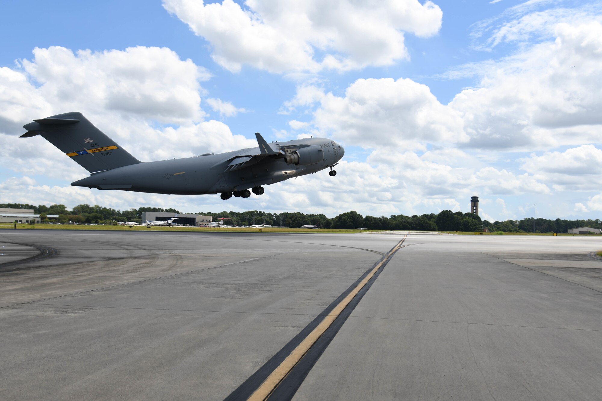 A U.S. Air Force C-17 Globemaster III departs Joint Base Charleston, S.C. carrying U.S. Army Soldiers assigned to the 82nd Airborne Division.