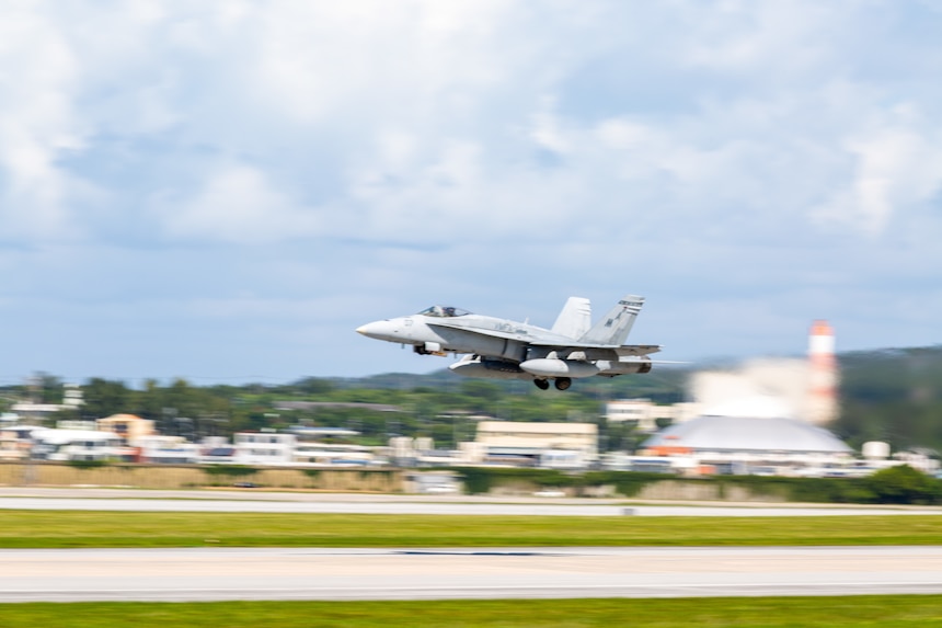 A Marine Fighter Attack Squadron 112 F/A-18 Hornet takes off during exercise Noble Jaguar 2021, a combined-arms exercise with 3d Marine Expeditionary Force and U.S. Navy 7th Fleet, September 29.