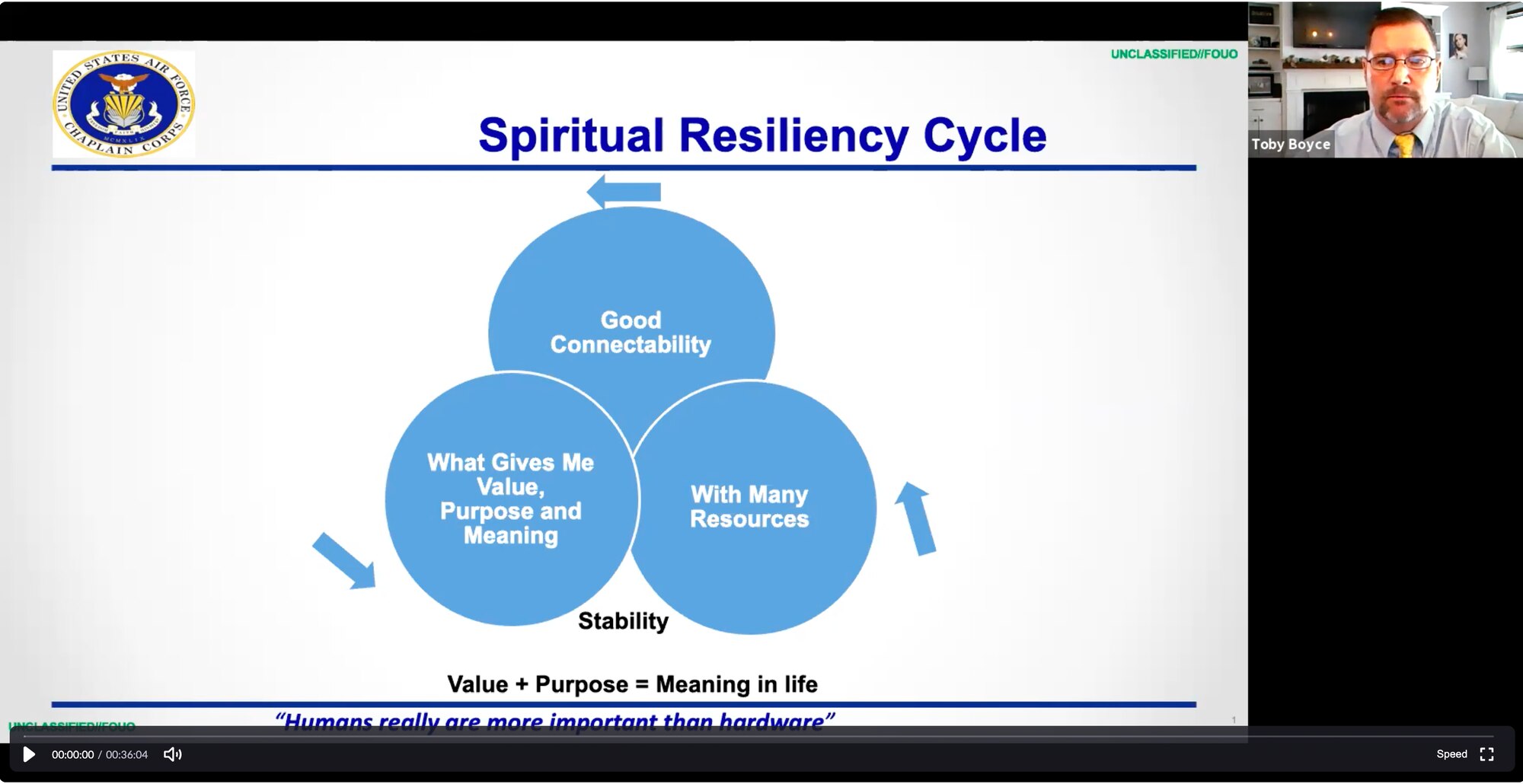 Mr. Toby Boyce, Director of AFSOC’s Integrated Resilience Optimization Network, speaks about the Spiritual Resiliency Cycle during AFSOC's Virtual Resilience Summit Sept. 28, 2021. The summit was held as a platform to address a range of emotions relating to personal and unfolding current world events. (Courtesy photo)