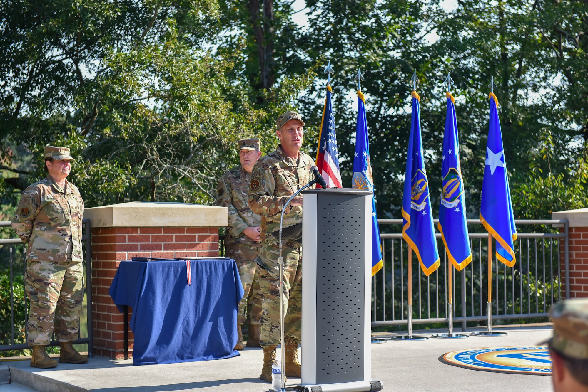 Maj. Gen. Matthew J. Burger, deputy commander of Air Force Reserve Command, gives remarks during a ceremony celebrating the 10th anniversary of AFRC's Force Generation Center at Robins Air Force Base, Georgia, Oct. 1, 2021. The FGC is the single organization responsible for generating Air Force Reserve forces by leveraging Reserve strategic capability to meet operational needs in support of the global force. The Reserve Citizen Airmen who support the FGC perform all aspects of force generation to include oversight, visibility and accountability of more than 70,000 Air Force Reserve forces. (U.S. Air Force photo by Misuzu Allen)