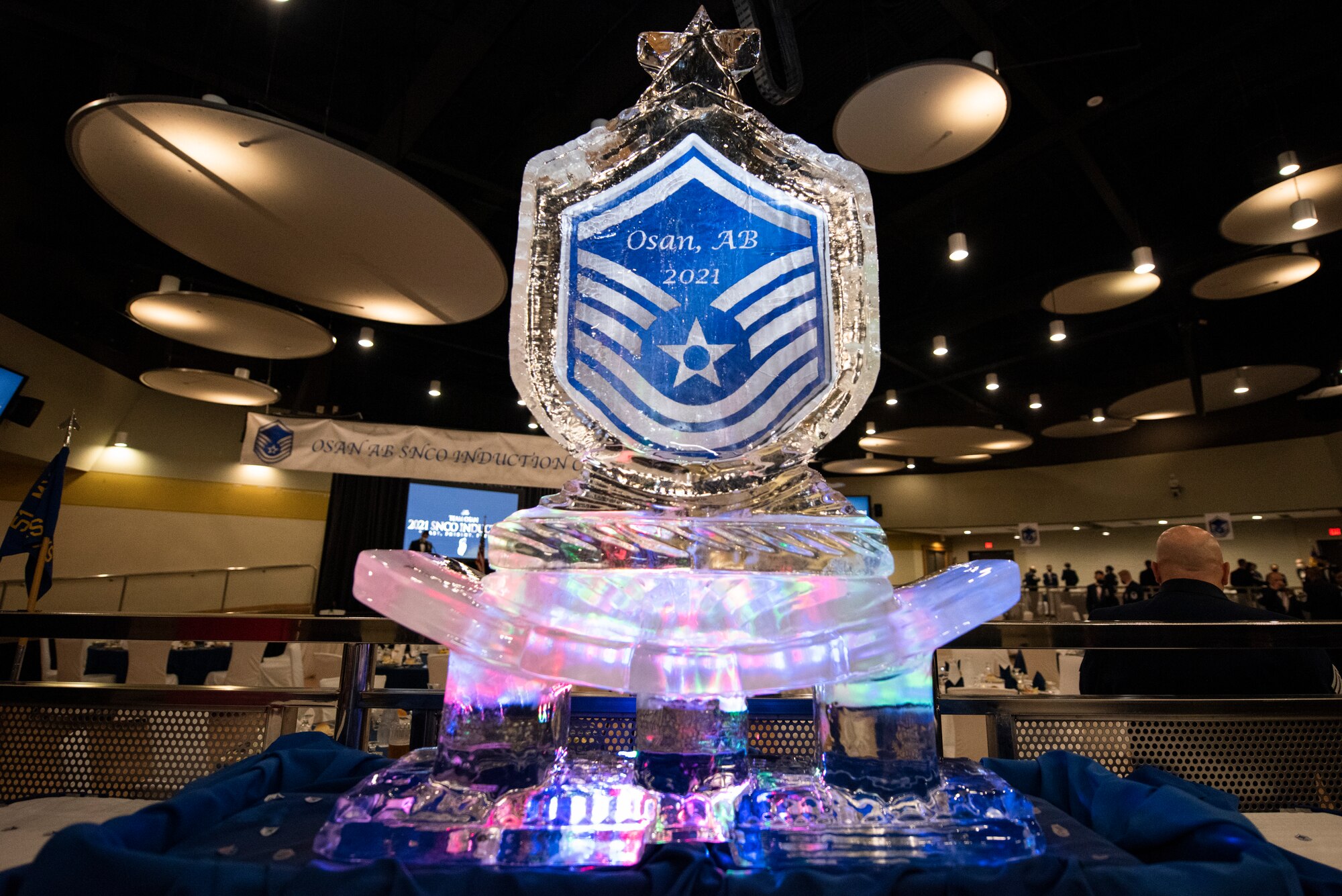The Senior Noncommissioned Officer Induction Ceremony displays an ice sculpture in honor of the new SNCO inductees