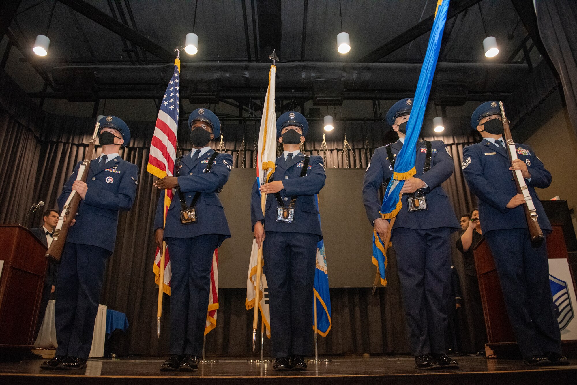 Osan Base Honor Guard presents the colors during the Senior Noncommissioned Officer Induction Ceremony