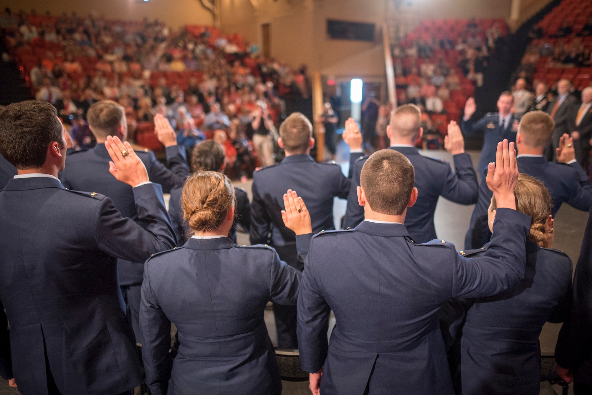 Eleven Clemson University Air Force Reserve Officers’ Training Corps cadets take the oath of office during their commissioning ceremony, May 10, 2017. (U.S. Army Reserve photo by Staff Sgt. Ken Scar)