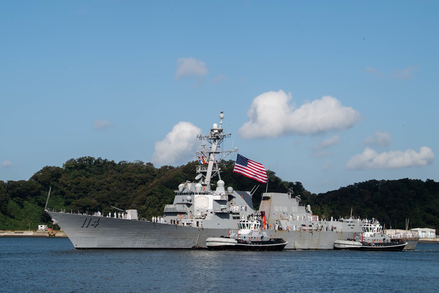 YOKOSUKA, Japan (Oct. 04, 2021) The Arleigh Burke-class guided-missile destroyer USS Ralph Johnson (DDG 114) arrives at Commander, Fleet Activities Yokosuka (CFAY) as one of the newest additions to Commander, Task Force (CTF) 71/Destroyer Squadron (DESRON) 15. For more than 75 years, CFAY has provided, maintained, and operated base facilities and services in support of the U.S. 7th Fleet’s forward-deployed naval forces, tenant commands, and thousands of military and civilian personnel and their families (U.S. Navy photo by Tetsuya Morita)