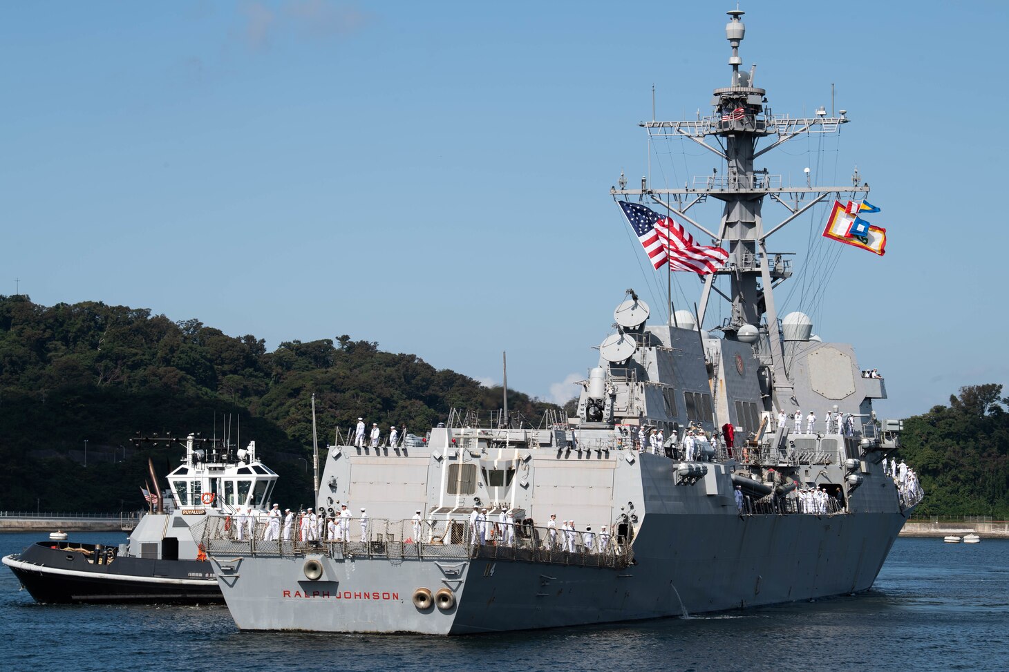 YOKOSUKA, Japan (Oct. 04, 2021) The Arleigh Burke-class guided-missile destroyer USS Ralph Johnson (DDG 114) arrives at Commander, Fleet Activities Yokosuka (CFAY) as one of the newest additions to Commander, Task Force (CTF) 71/Destroyer Squadron (DESRON) 15. For more than 75 years, CFAY has provided, maintained, and operated base facilities and services in support of the U.S. 7th Fleet’s forward-deployed naval forces, tenant commands, and thousands of military and civilian personnel and their families (U.S. Navy photo by Tetsuya Morita)