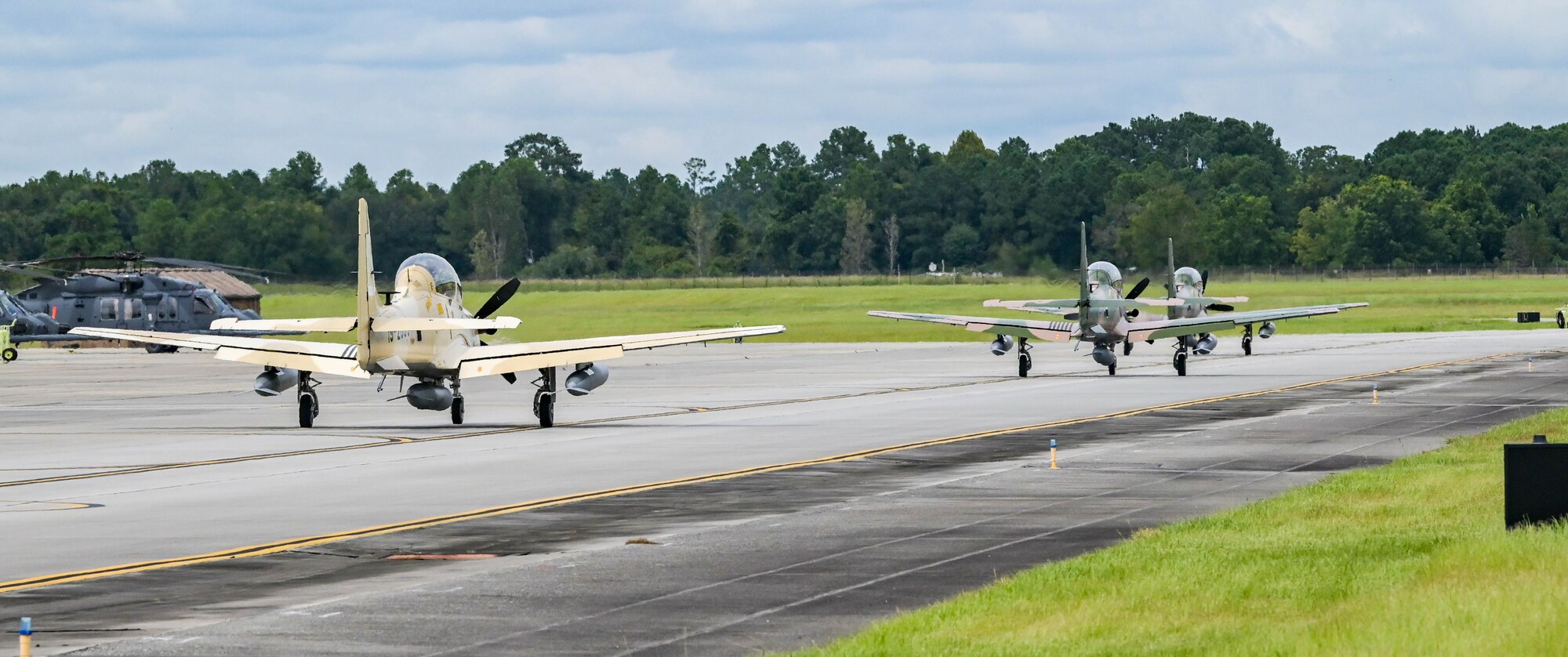 An A-29 Super Tucano aircraft pilot taxis down the runway to depart Moody Air Force Base, Georgia, Sept. 15, 2021. The U.S. government sold 12 A-29 aircraft to the Nigerian Air Force to enhance their capabilities in providing national security for Nigeria. (U.S. Air Force photo by Senior Airman Rebeckah Medeiros)