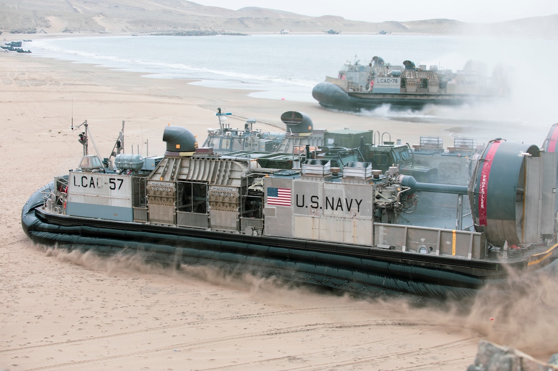 LCACs land on a beach during a UNITAS LXII amphibious landing demonstration.