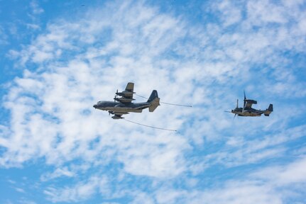 Two military aircraft demonstrate aerial refueling technique