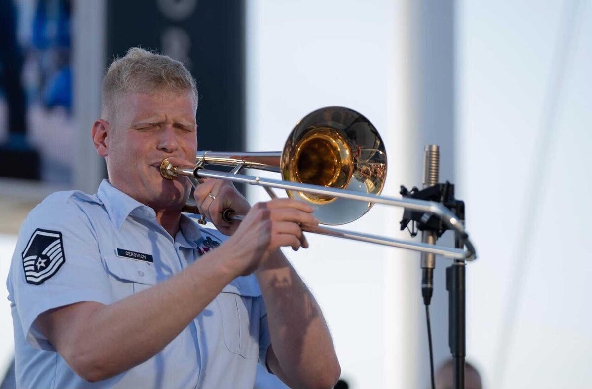 Master Sgt. Kevin Cerovich performs a solo during a U.S. Air Force Band Salute the Sunset series concert at National Harbor. (U.S. Air Force photo by Master Sgt. Valentin Lukashuk)