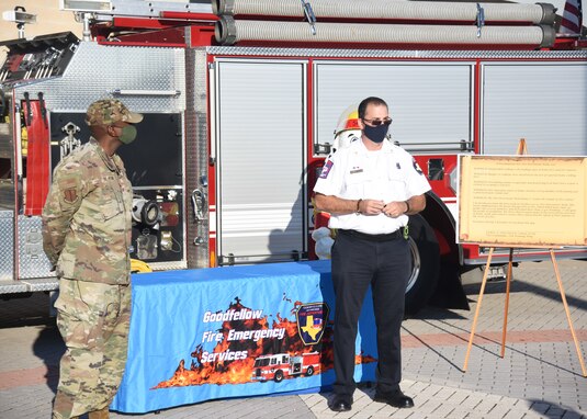 Billy Clemmons, 17th Civil Engineer Squadron assistant chief of prevention, addresses attendees about the importance of listening for fire detection systems and making sure they are in working order on Goodfellow Air Force Base.