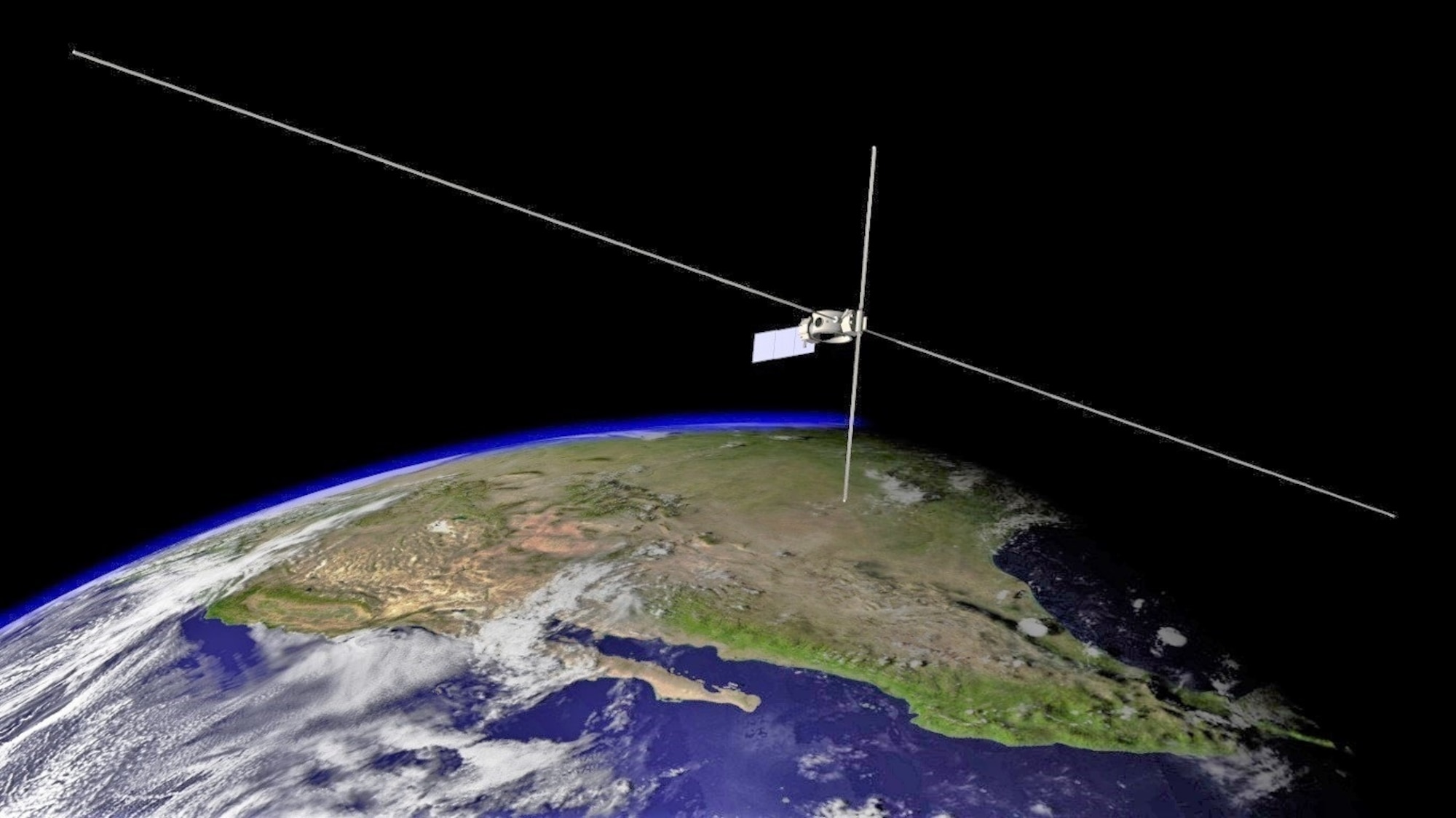 An artist’s rendering of the Air Force Research Laboratory’s DSX spacecraft on-orbit with its 80-meter and 16-meter antenna booms extended. Spanning almost a football field, DSX is the largest unmanned self-supporting structure ever placed in space. (U.S. Air Force rendering/W. Robert Johnston)