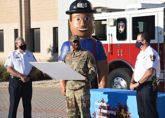 U.S. Air Force Col. James Finlayson, 17th Training Wing vice commander, reads a proclamation declaring the second week of Oct. as Fire Prevention Week on Goodfellow Air Force Base.