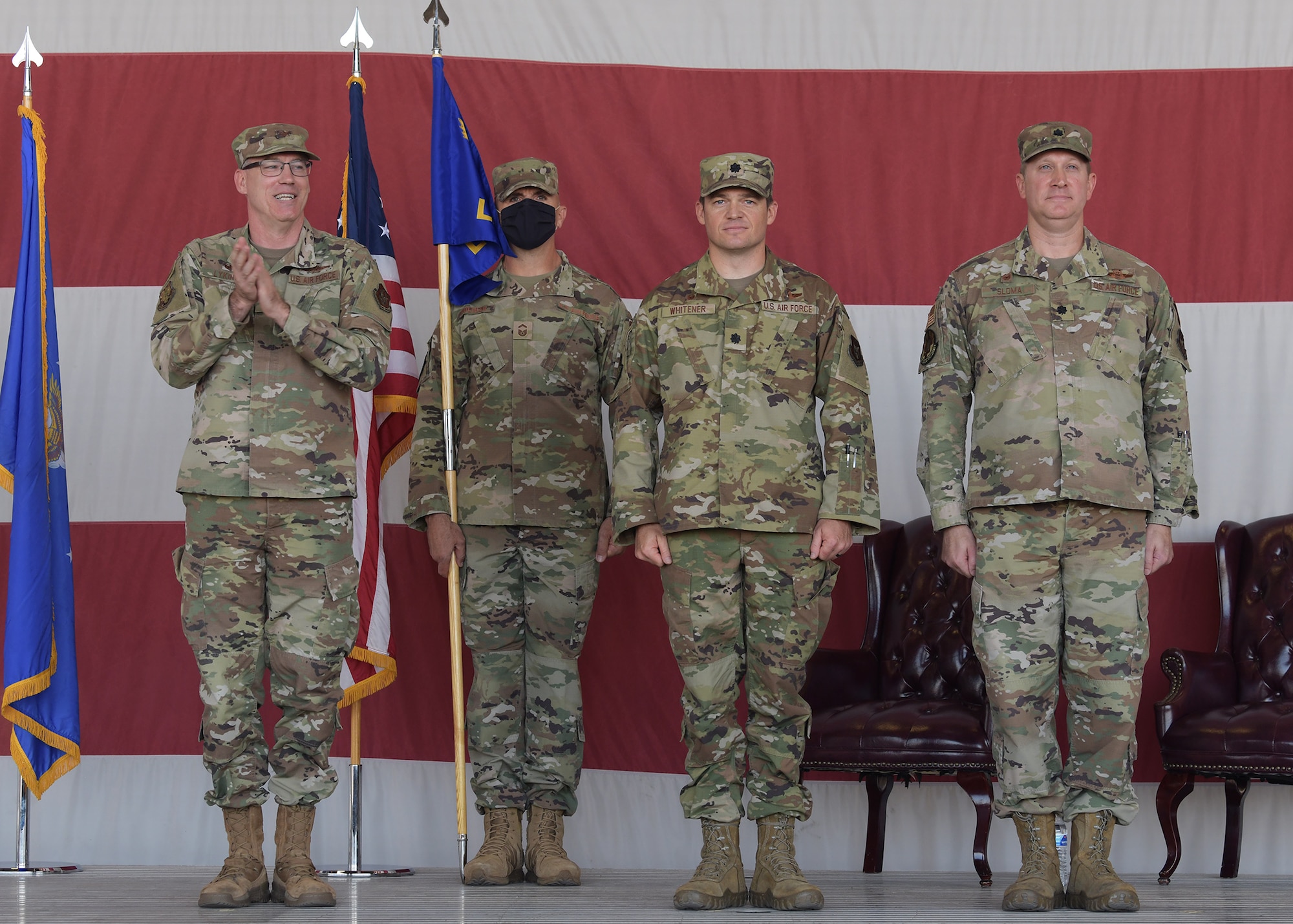 The 944th Logistics Readiness Squadron held a change of command ceremony at Luke Air Force Base, Arizona, October 2, 2021. Reserve Citizen Airman Lt. Col. Ronald J. ‘Smokin’ Sloma, 944th LRS outgoing commander, relinquished command to Reserve Citizen Airman Lt. Col. Jalen A. ‘Rex’ Whitener, in-coming commander, in front of family, friends, and military members.