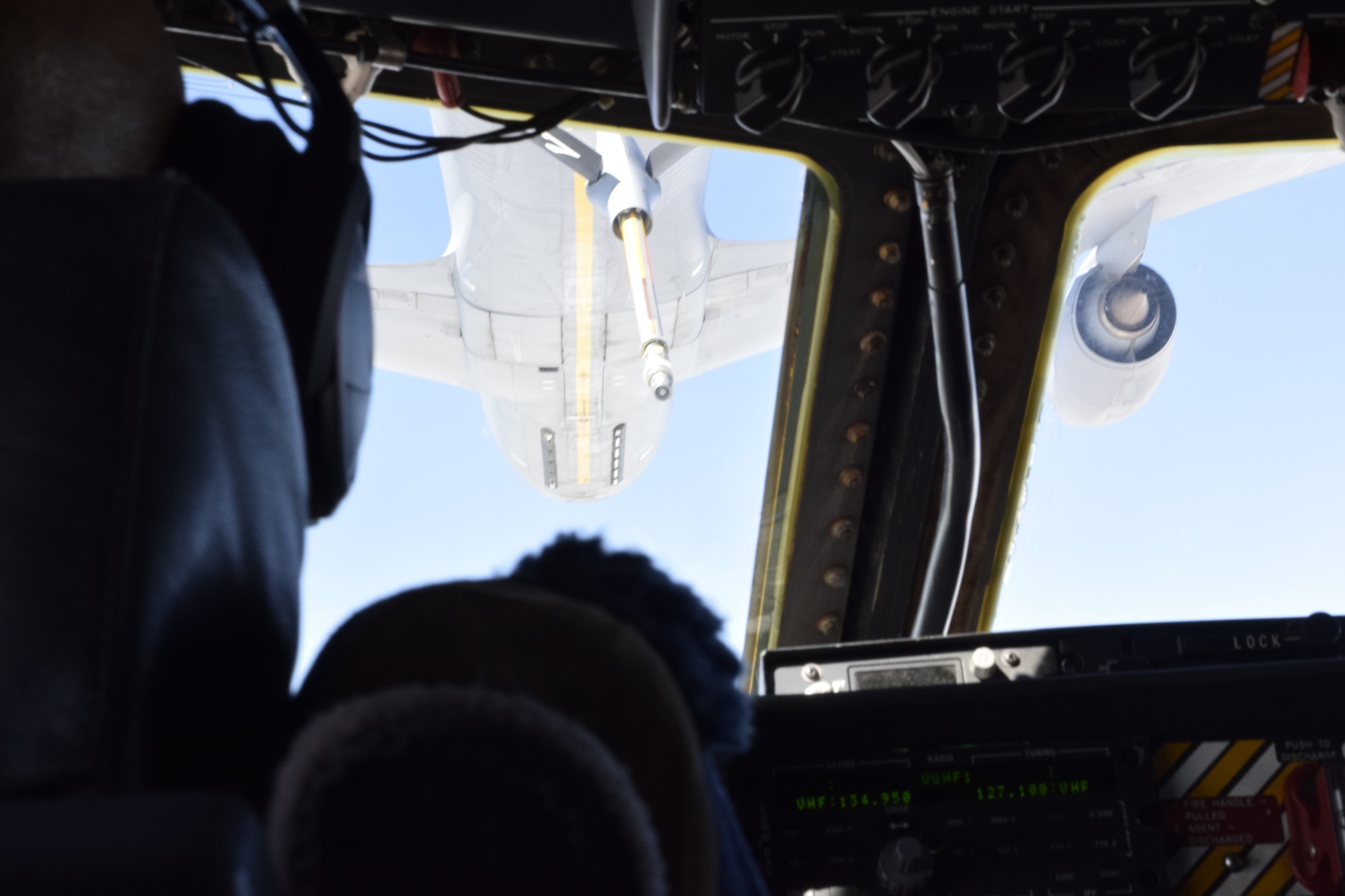 A C-5M Super Galaxy aircraft is piloted into position for in-flight refueling from a KC-135R Stratotanker during a local training flight over Texas. The KC-135R is from the 507th Air Refueling Wing, Tinker Air Force Base, Oklahoma. (U.S. Air Force photo by Senior Airman Brittany Wich)
