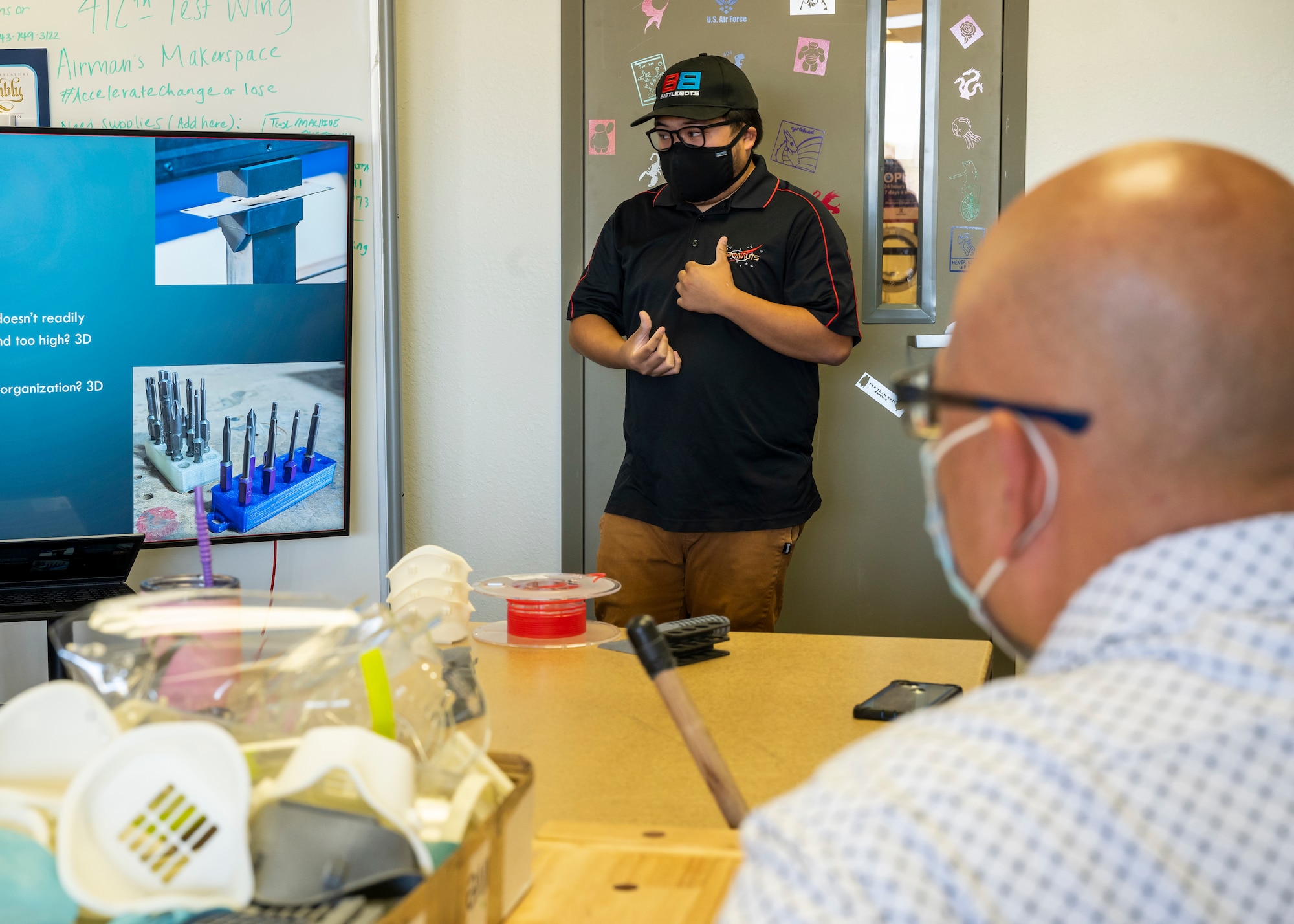 Jeremy Germita, 412th Communications Squadron, presents a 3-D Printing Basic Workshop at Edwards Air Force Base, Sept. 22. The workshop was hosted by the 412th Test Wing Innovation Team, SparkED. (Air Force photo by Katherine Franco)