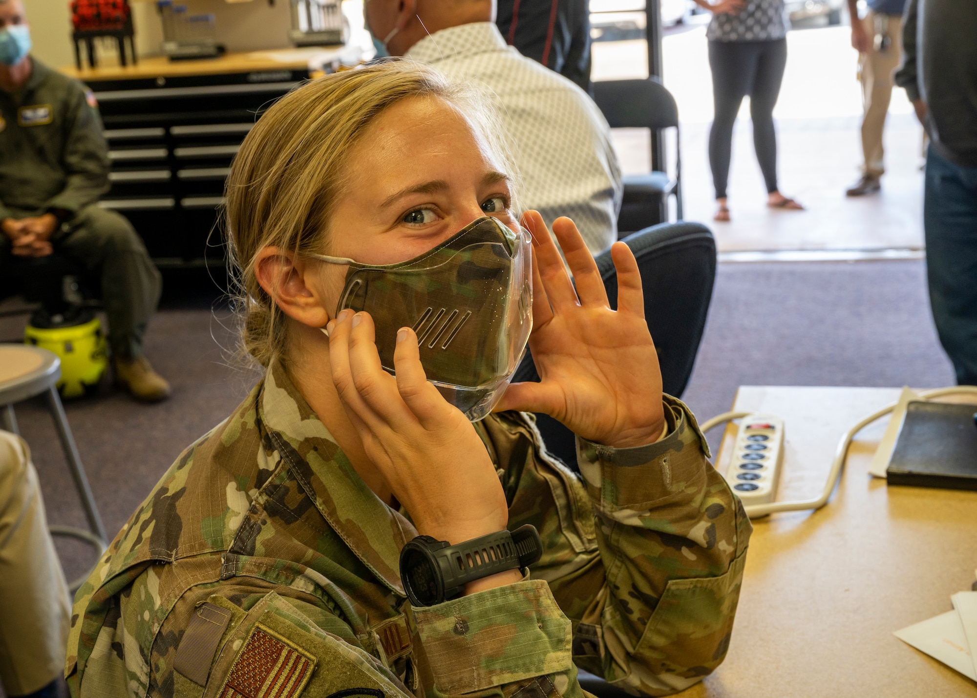 1st Lt. Arielle Miller, 412th Medical Group, showcases a prototype facemask shield during a 3-D Printing Basic Workshop at Edwards Air Force Base, Sept. 22. The workshop was hosted by the 412th Test Wing Innovation Team, SparkED. (Air Force photo by Katherine Franco)