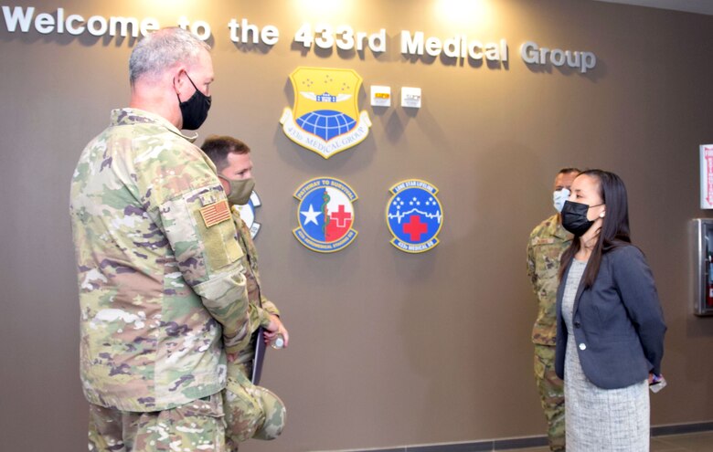 Under Secretary of the Air Force Gina Ortiz Jones visits the 433rd Medical Group at Joint Base San Antonio-Lackland, Texas, to meet with Reserve Citizen Airmen leaders on mandatory COVID-19 vaccination efforts, Oct. 2, 2021. (U.S. Air Force photo by Tech. Sgt. Samantha Mathison)