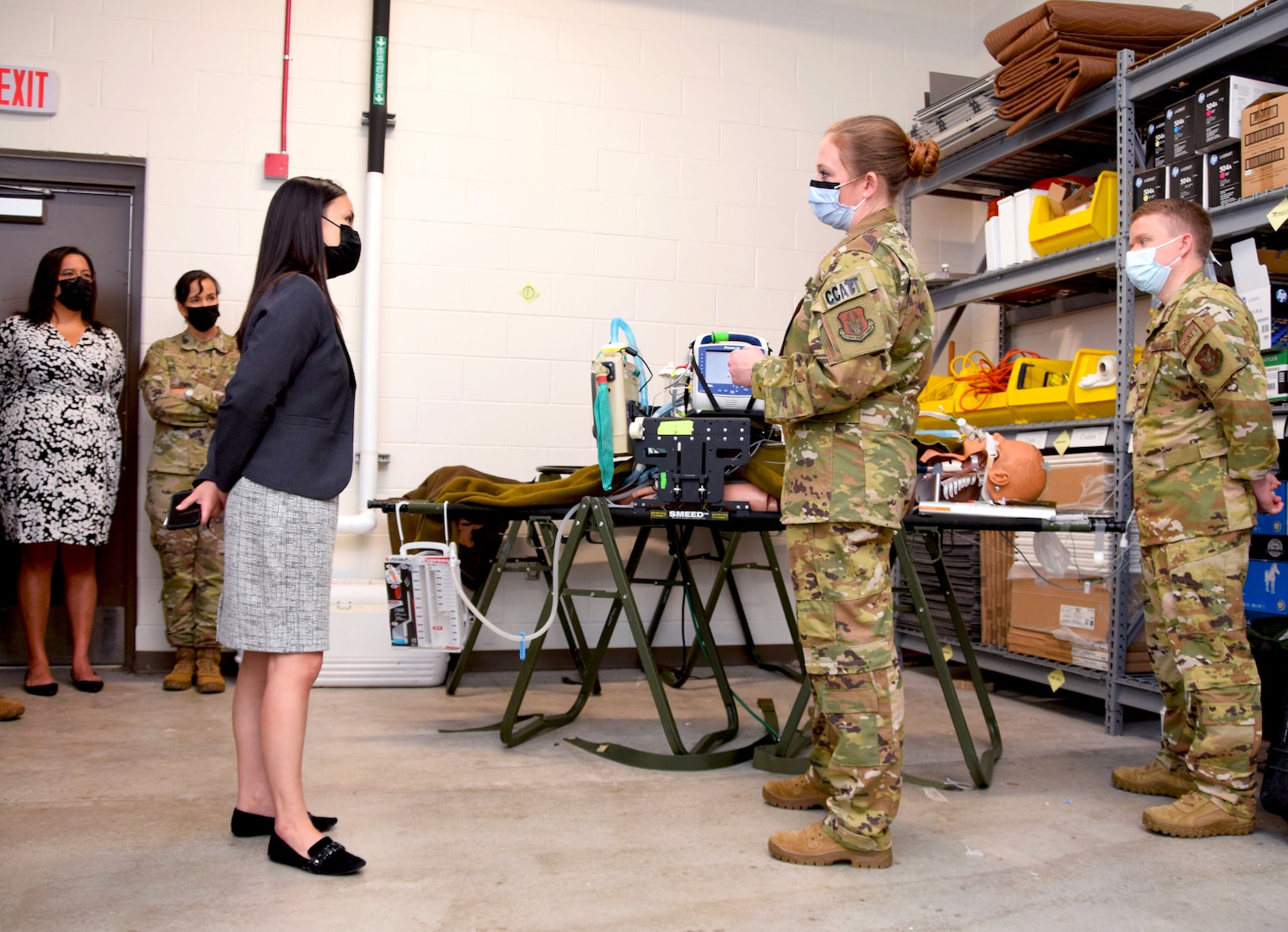 Under Secretary of the Air Force Gina Ortiz Jones visits with Maj. Dana Mayer, 433rd Medical Squadron critical care air transport team, at Joint Base San Antonio-Lackland, Texas, Oct. 2, 2021. (U.S. Air Force photo by Tech. Sgt. Samantha Mathison)