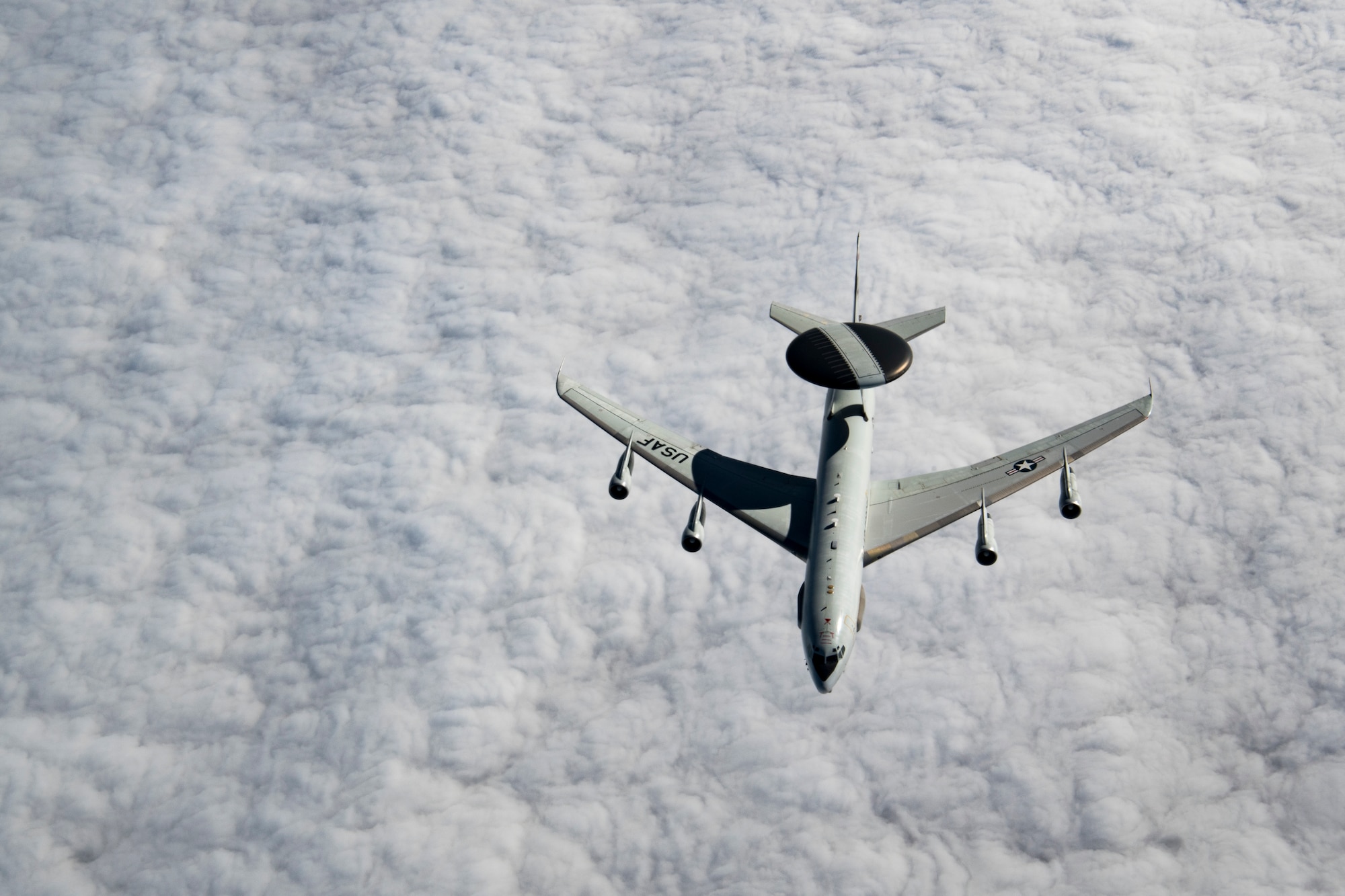 A U.S. Air Force E-3 Sentry, assigned to the 968th Expeditionary Airborne Air Control Squadron, flies above the Arabian Gulf, Dec. 3, 2019. The E-3 Sentry is an airborne warning and control system, or AWACS, aircraft with an integrated command and control battle management, or C2BM, surveillance, target detection, and tracking platform. (U.S. Air Force photo by Staff Sgt. Daniel Snider)