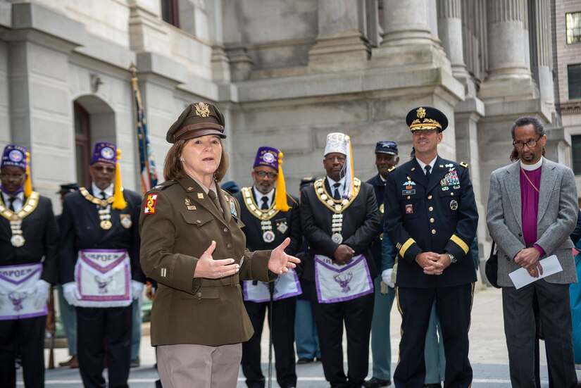 Col. Laura A. McHugh, deputy adjutant general-Army, Pennsylvania National Guard, speaks at the annual Maj. Octavius V. Catto Honor Ceremony at the Catto Monument at Philadelphia City Hall on Oct. 2, 2021.