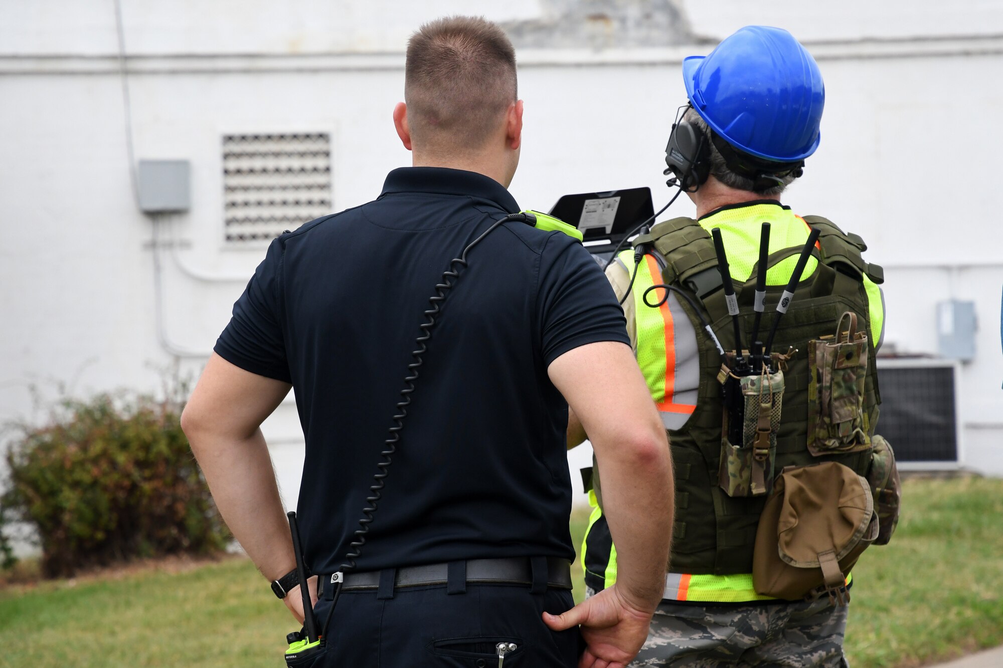 Civil Air Patrol unmanned aerial system operator and local Fire/EMS member collect aerial footage of buildings in the exercise area during a Missouri Structural Assessment and Visual Evaluation (SAVE) Coalition exercise Oct. 2, 2021 at Jefferson Barracks Air National Guard Base, Missouri. The exercise strengthened partnerships between civilian and state agencies that would be called to respond to a potential earthquake. (U.S. Air National Guard photo by Tech. Sgt. Stephanie Mundwiller)